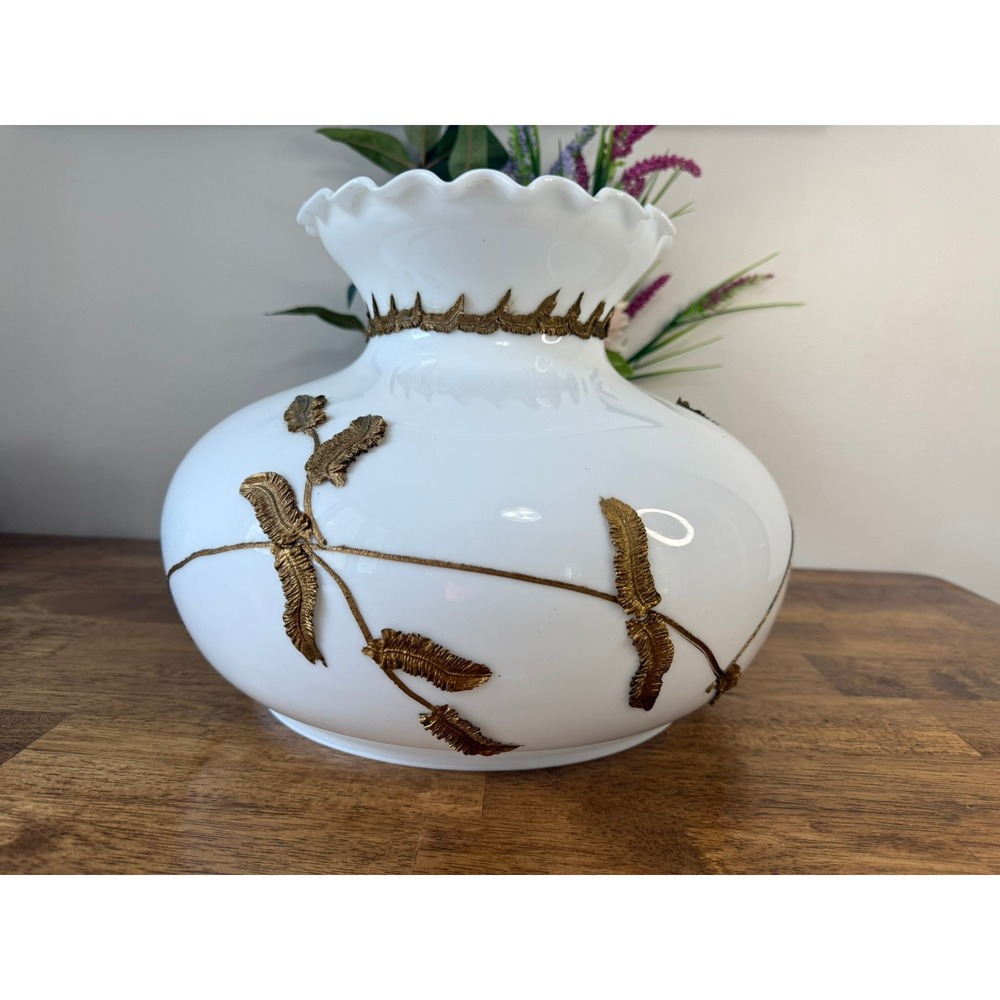 Vintage Falkenstein Style Milk Glass Lamp Shade Gold Foil Leaves Ruffled Rim